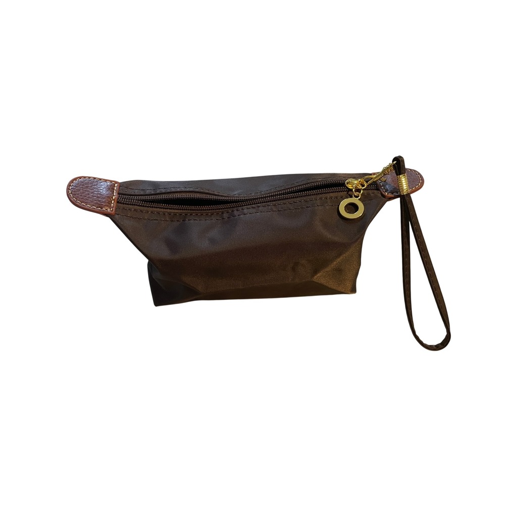 Brown Nylon Cosmetic Pouch Wristlet Travel Makeup‎ Bag Gold Hardware